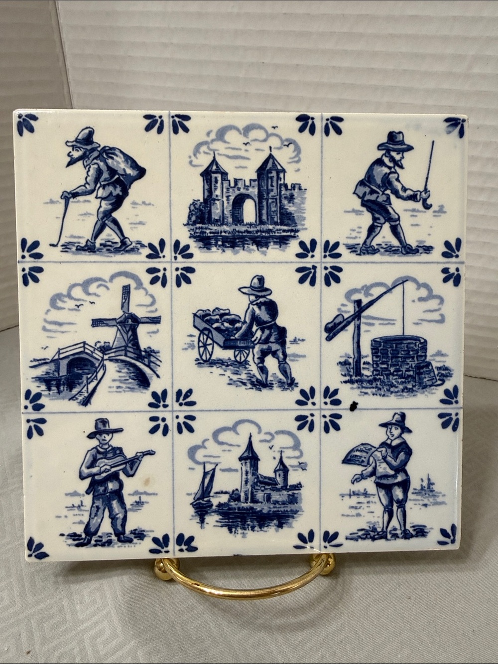 Vintage Handpainted Delft Blauw 9 Scence Iconic Tile Trivet Blue &White Holland